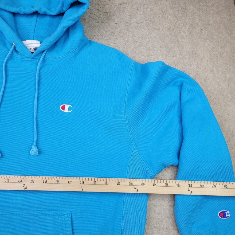 Champion Reverse Weave Hoodie Mens L Blue Pullover Sweatshirt Sleeve Logo - Picture 8 of 10